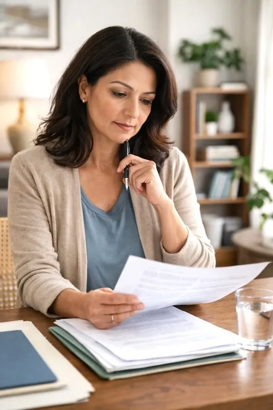 Woman reviewing probate court documents at home