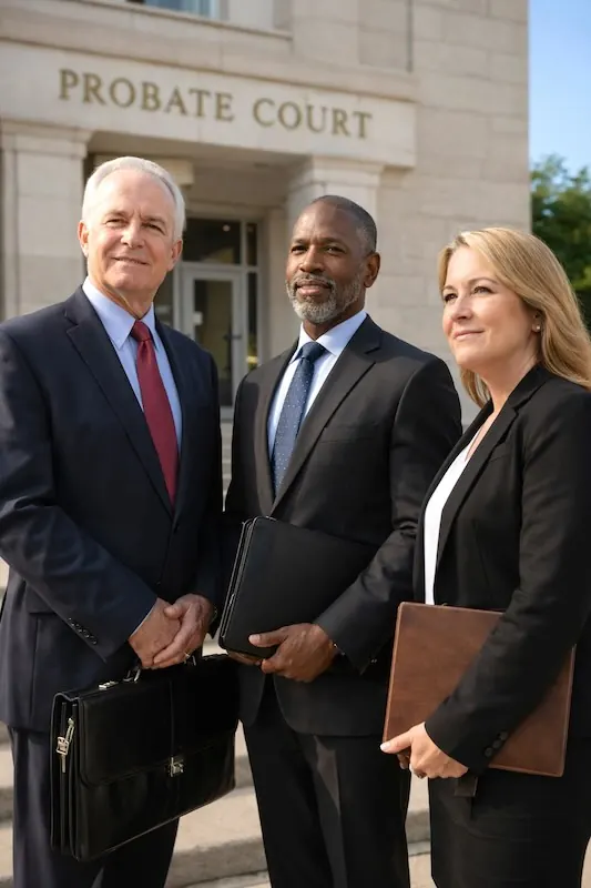 Three professional fiduciaries outside a probate court